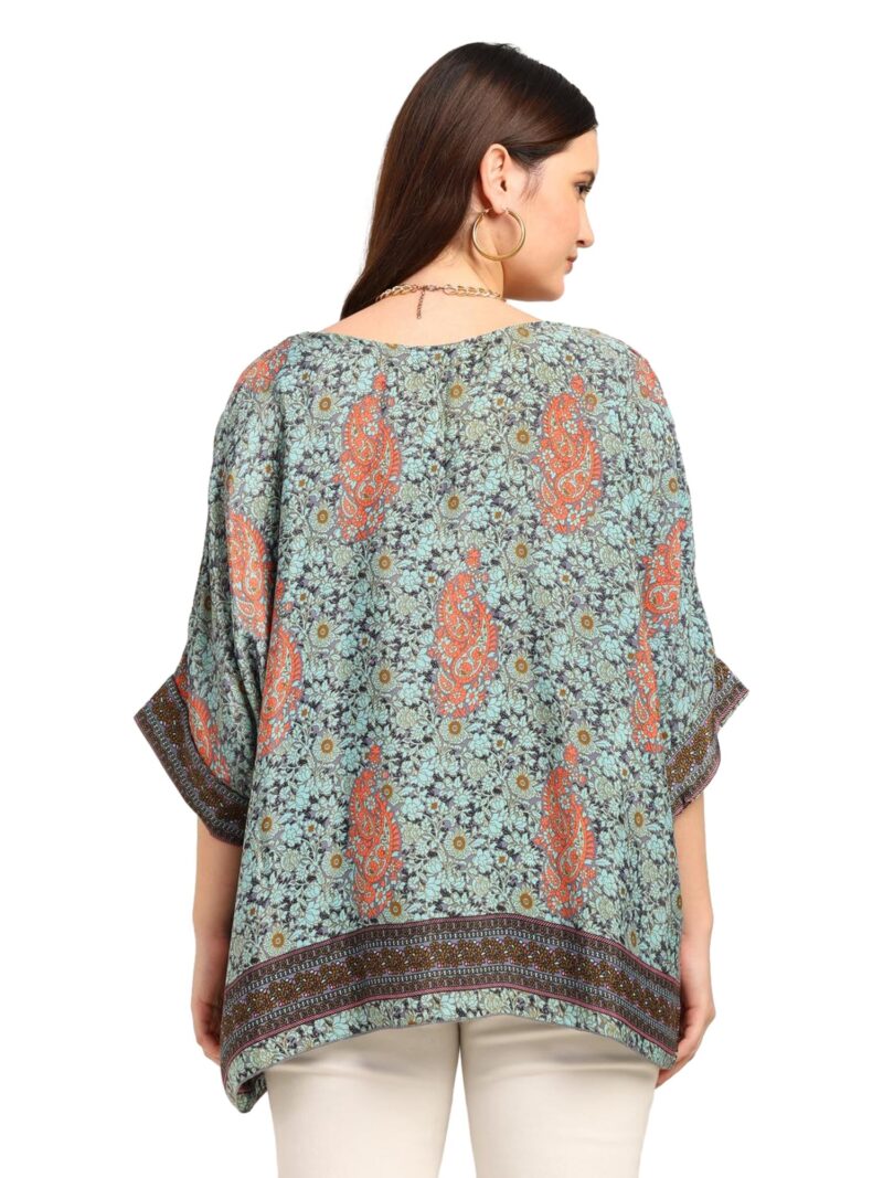 KE KANHA EXPORTS Over Size top|Tops for Woman|Boho Vibe Beach wear|Soft Silky Feel Border Print|V-Neck Half Sleeve Loose Fit|Multicolor|Easily fits M toXXL|Bust 32-40in Length 28in|Pack of 1 - Image 4