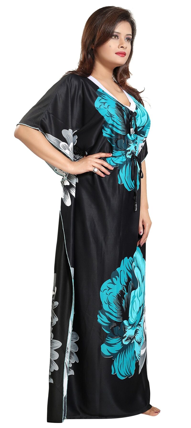 Noty Women's Kaftan Nighty | Serena Fabric | Floral Print Maxi | Short Sleeves | V Shaped Neck (Free Size, Green & Black) - Image 3