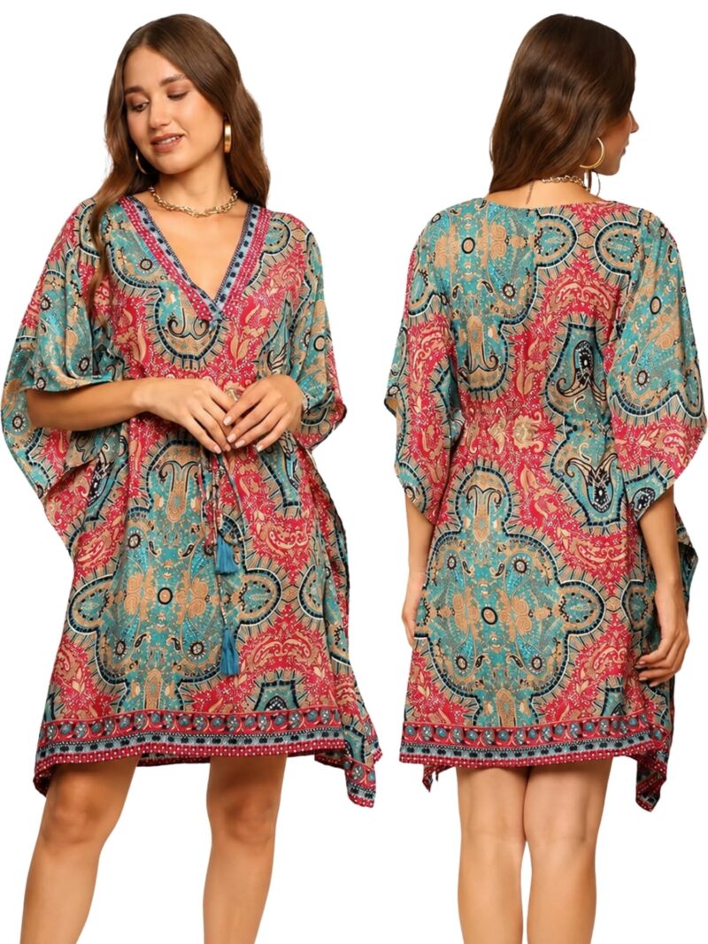 KE KANHA EXPORTS Kaftan Dress for Women Stylish|Beach Wear Dress for Women|Boho Border Print Kaftan|Adjustable Drawstring Tassel|Free Size M-XXL (10679) - Image 4