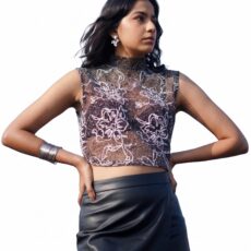 ROOV Women's Jute-Style Embroidered Floral Mesh Sheer Top