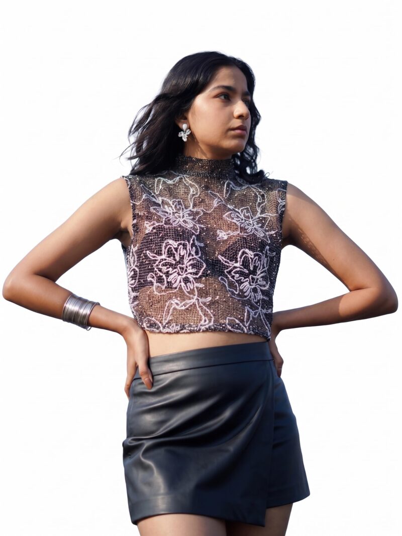 ROOV Women's Jute-Style Embroidered Floral Mesh Sheer Top