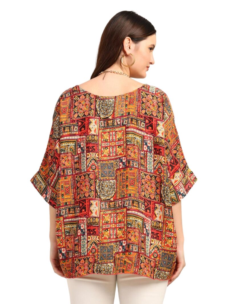 KE KANHA EXPORTS Over Size top|Tops for Woman|Boho Vibe Beach wear|Soft Silky Feel Border Print|V-Neck Half Sleeve Loose Fit|Multicolor|Easily fits M toXXL|Bust 32-40in Length 28in|Pack of 1 - Image 4