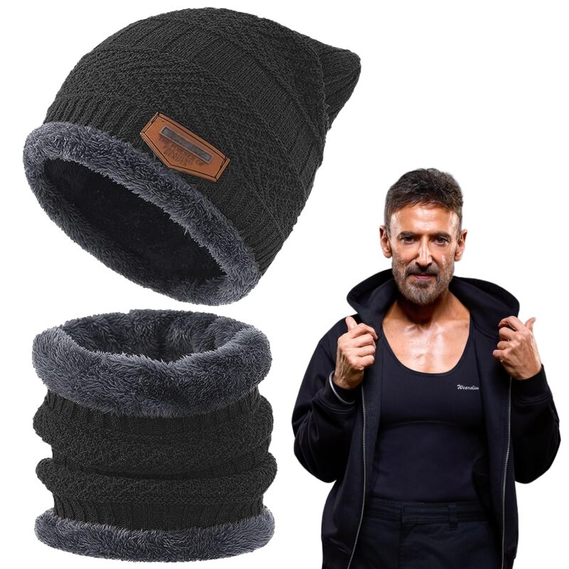 Wearslim Wool Premium Warm Knit Casual Style Hats, Skull Cap With Neck Warmer Winter Wear Beanie Hats Scarf Set For Men And Women - Black, One Size