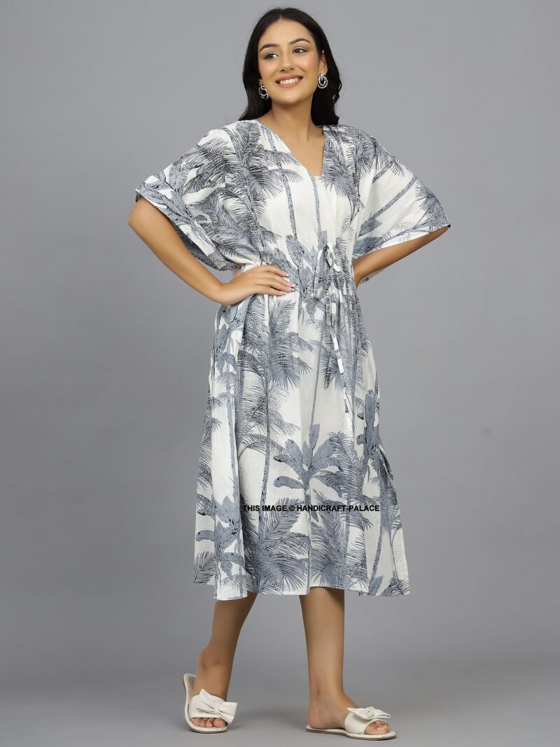 Ravaiyaa - Attitude is everything Indian Handmade Printed Cotton Short Kaftan Women Beach Wear Kimiono Gown Dress (Grey Palm Tree) - Image 3