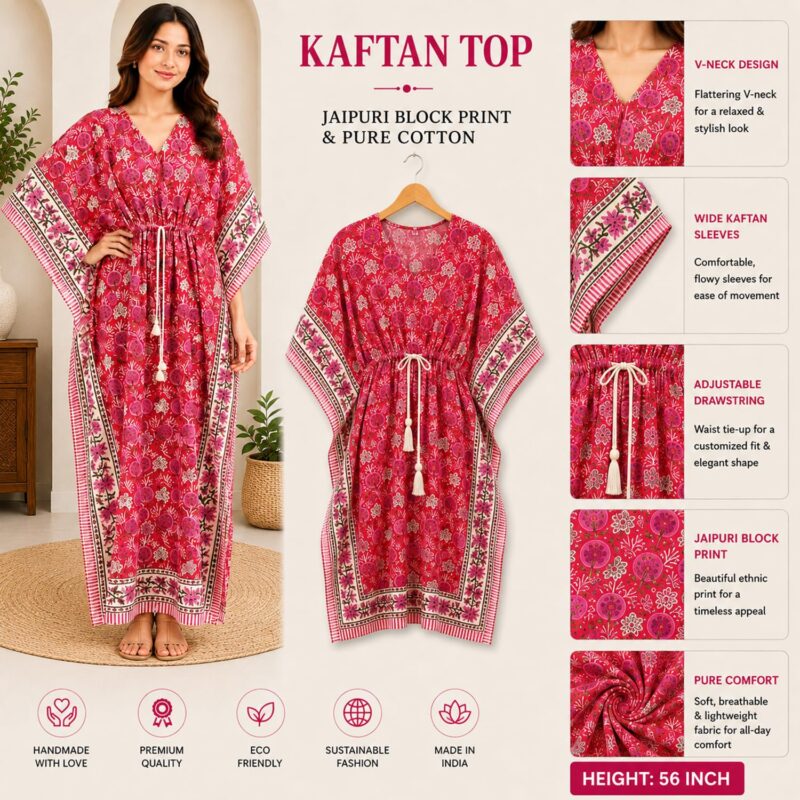 MOMISY Women's Handmade Mal Cotton Handicraft Artisan Hand Block Printed Natural Colour Maxi Kaftan Dress Gown-56 Inch Long-LB1 - Image 4