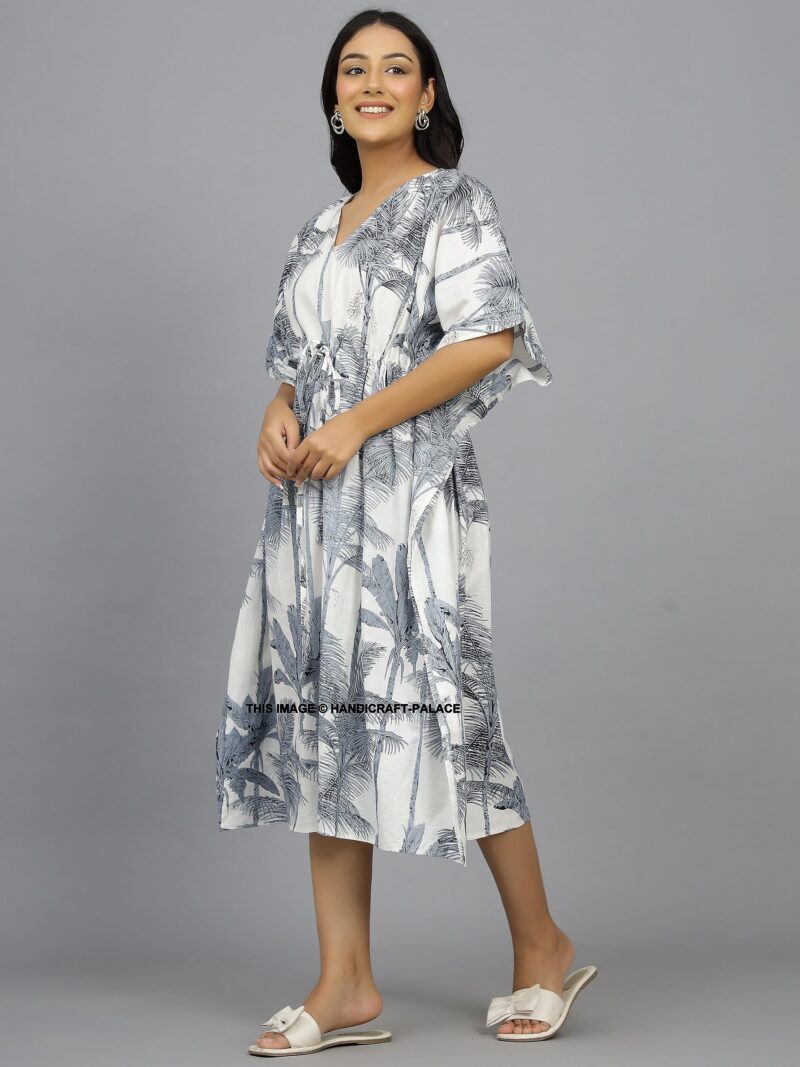 Ravaiyaa - Attitude is everything Indian Handmade Printed Cotton Short Kaftan Women Beach Wear Kimiono Gown Dress (Grey Palm Tree) - Image 2