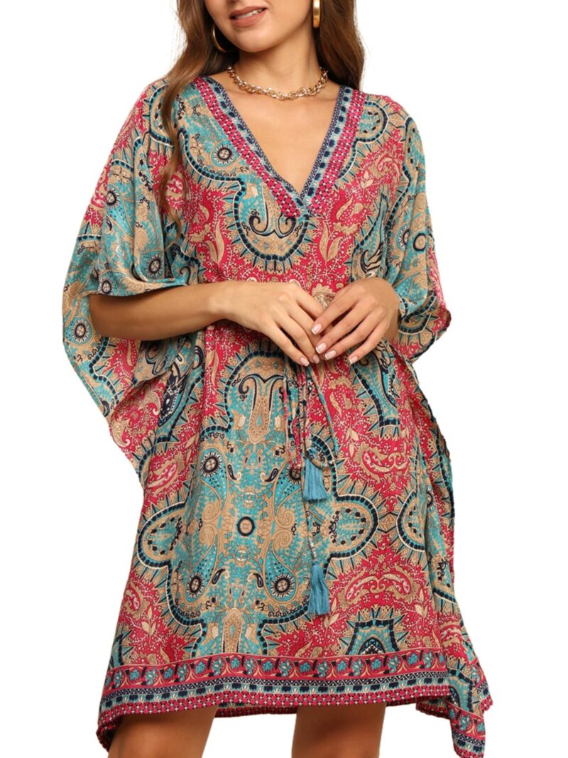 KE KANHA EXPORTS Kaftan Dress for Women Stylish|Beach Wear Dress for Women|Boho Border Print Kaftan|Adjustable Drawstring Tassel|Free Size M-XXL (10679)