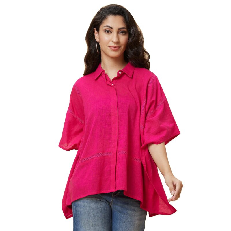 Globus Women Solid Shirt Collar Lace Inserts Kaftan Tunic