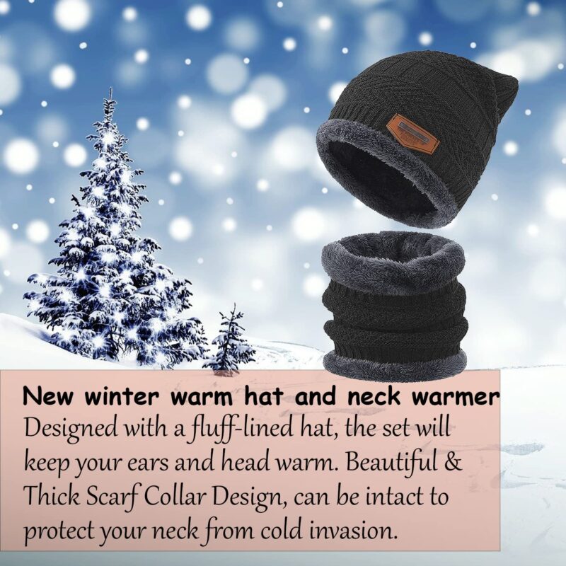Wearslim Wool Premium Warm Knit Casual Style Hats, Skull Cap With Neck Warmer Winter Wear Beanie Hats Scarf Set For Men And Women - Black, One Size - Image 6