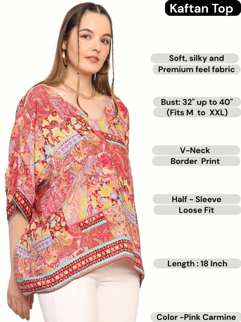 KE KANHA EXPORTS Over Size top|Tops for Woman|Boho Vibe Beach wear|Soft Silky Feel Border Print|V-Neck Half Sleeve Loose Fit|Multicolor|Easily fits M toXXL|Bust 32-40in Length 28in|Pack of 1 - Image 2