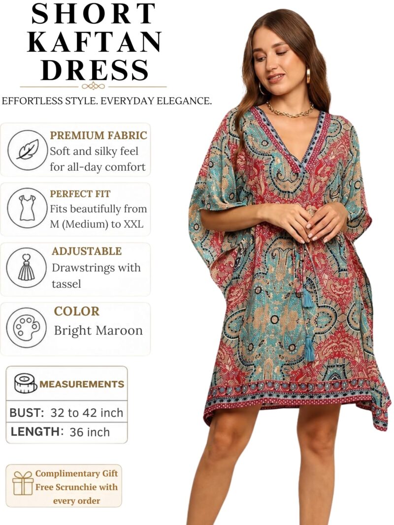 KE KANHA EXPORTS Kaftan Dress for Women Stylish|Beach Wear Dress for Women|Boho Border Print Kaftan|Adjustable Drawstring Tassel|Free Size M-XXL (10679) - Image 3