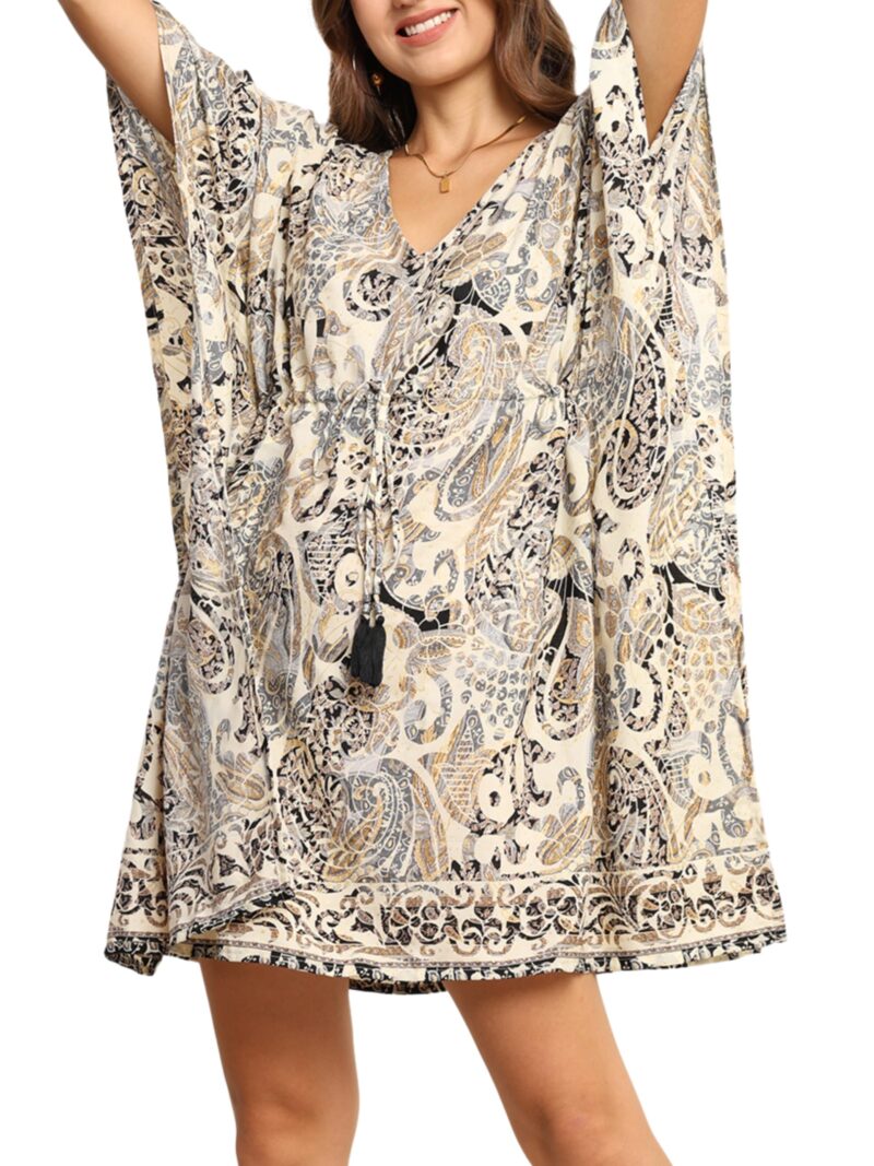 KE KANHA EXPORTS Kaftan Dress|kafthan Dress for Women|Kaftan Kurti for Women|Beach wear|Boho Beach|Border Print Drawstring Tassel|Printed|Easily fits M to XXL|Bust32-42in Length36in
