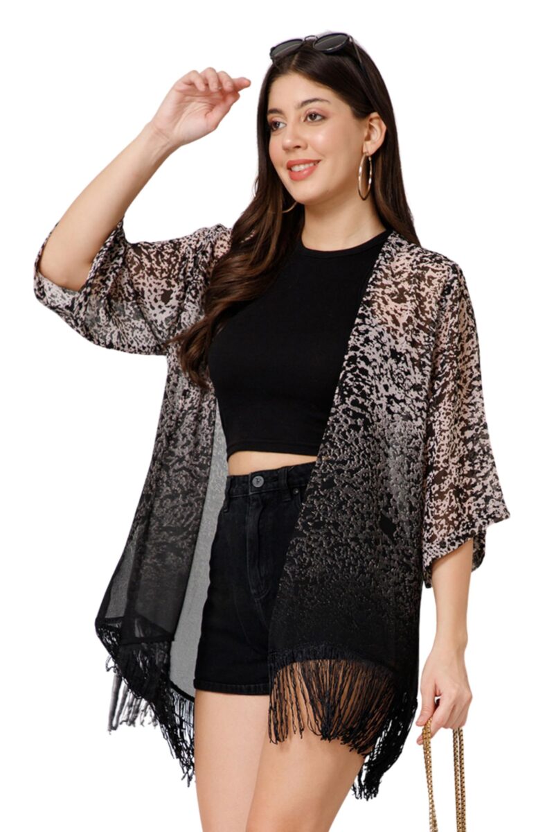 Purys Animal Print Ombre Shrug for Women | Lightweight Kimono Cover-Up | Casual Outerwear with Fringes for Layering and Summer Fashion