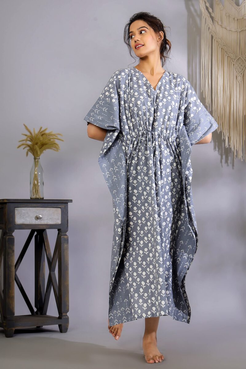 Ravaiyaa - Attitude is everything Women's Cotton Printed Maxi Kaftan Sleepwear Nightdress Gown Caftan (Grey Floral) - Image 7