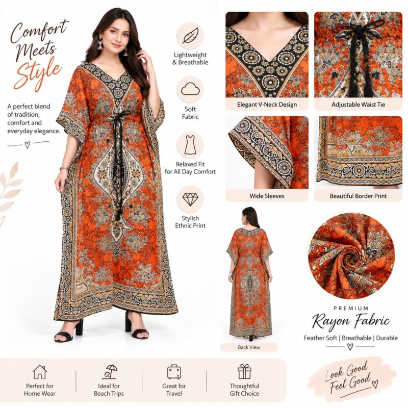 Women's Boho Kaftan Maxi Dress, Orange Ethnic Print with Belt - Image 3