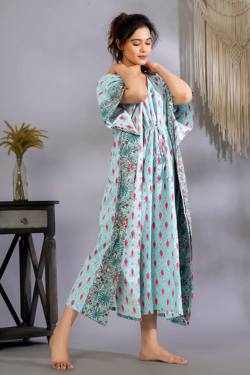 Ravaiyaa - Attitude is everything Women's Cotton Printed Maxi Kaftan Sleepwear Nightdress Gown Caftan (Turquoise Floral) - Image 6