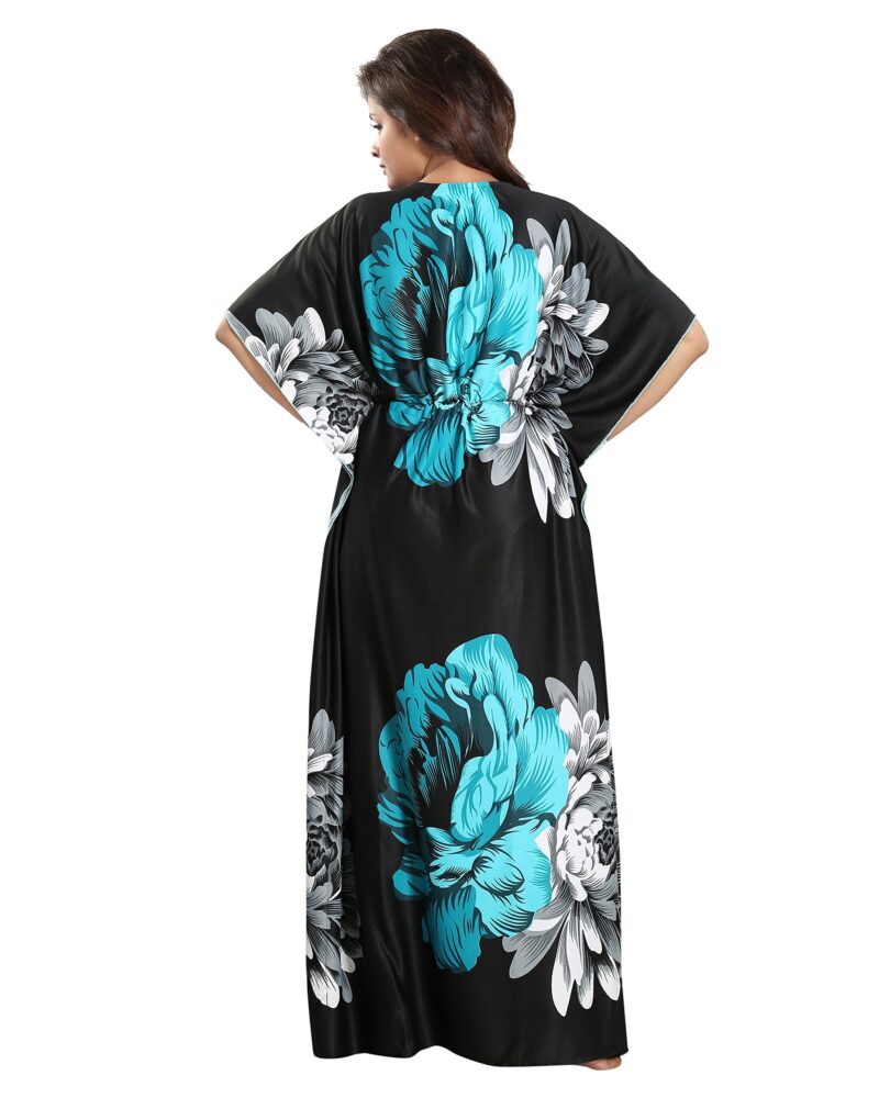 Noty Women's Kaftan Nighty | Serena Fabric | Floral Print Maxi | Short Sleeves | V Shaped Neck (Free Size, Green & Black) - Image 4