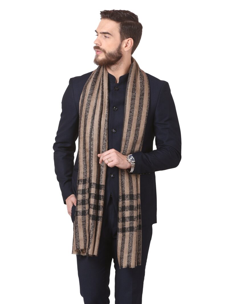Pashtush Woven Mens Fine Wool Stole, Check-Stipe Design, Mens Muffler, Warm Cashmere Feel (Black) - Image 4