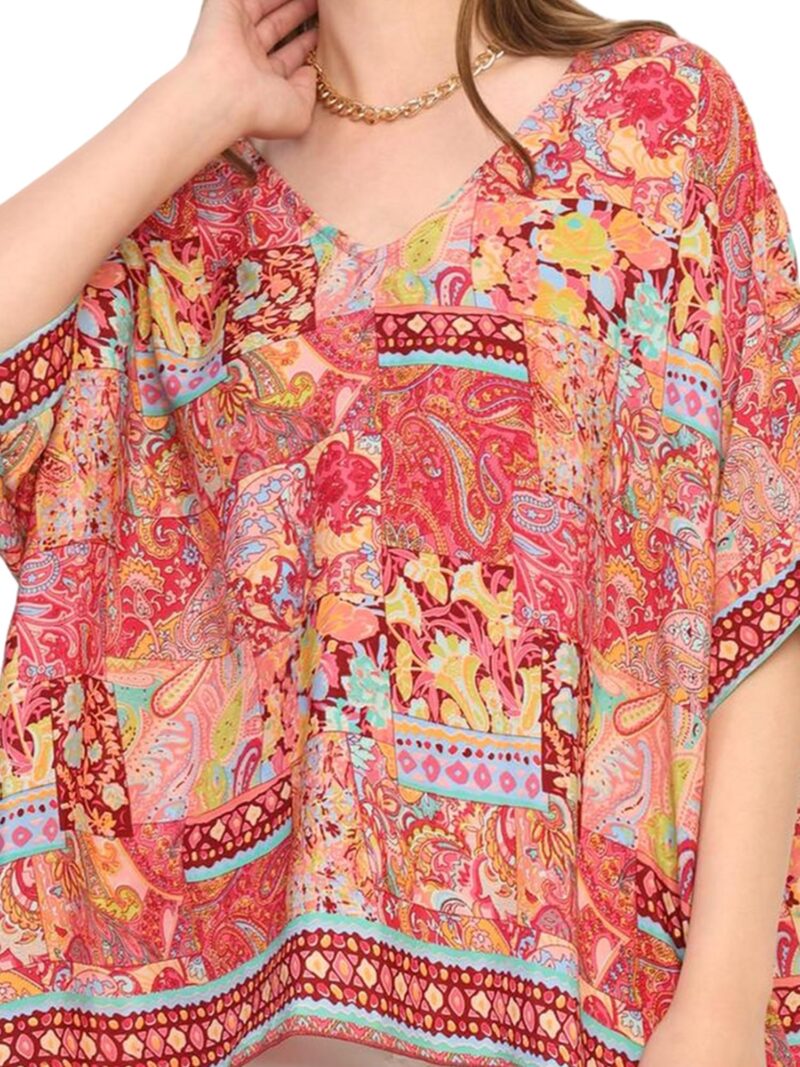 KE KANHA EXPORTS Over Size top|Tops for Woman|Boho Vibe Beach wear|Soft Silky Feel Border Print|V-Neck Half Sleeve Loose Fit|Multicolor|Easily fits M toXXL|Bust 32-40in Length 28in|Pack of 1 - Image 3