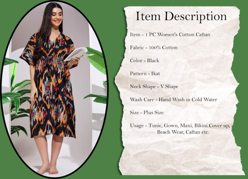 Ravaiyaa - Attitude is everything Women Black Ikat Printed Cotton V-Neck Knee Length Kaftan Dress Nighty - Image 7