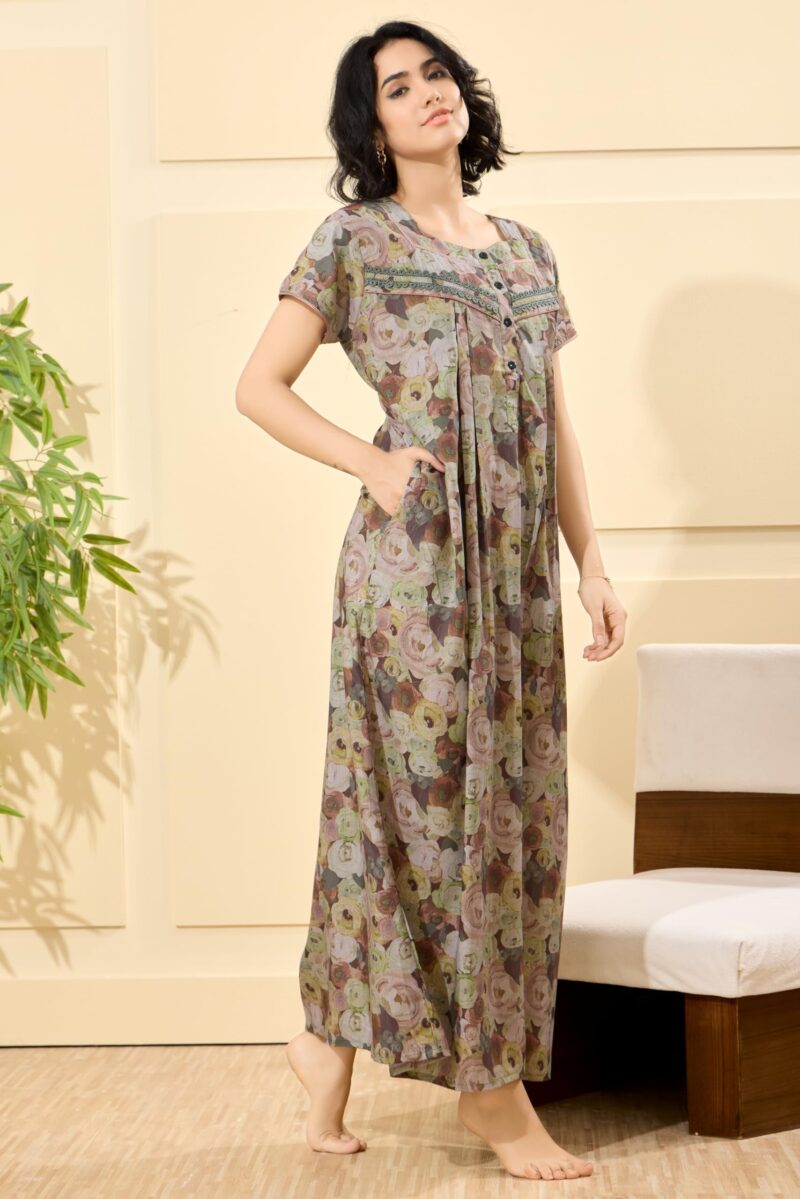 GLAMORAS Bizzy Lizzy Cotton Nighty Gown with Side Pocket for Women | Regular, Digital Printed & Full Length Maxi Night Gown | Night Wear Maxi Gown for Women | Size: M Floral Print 02 - Image 4