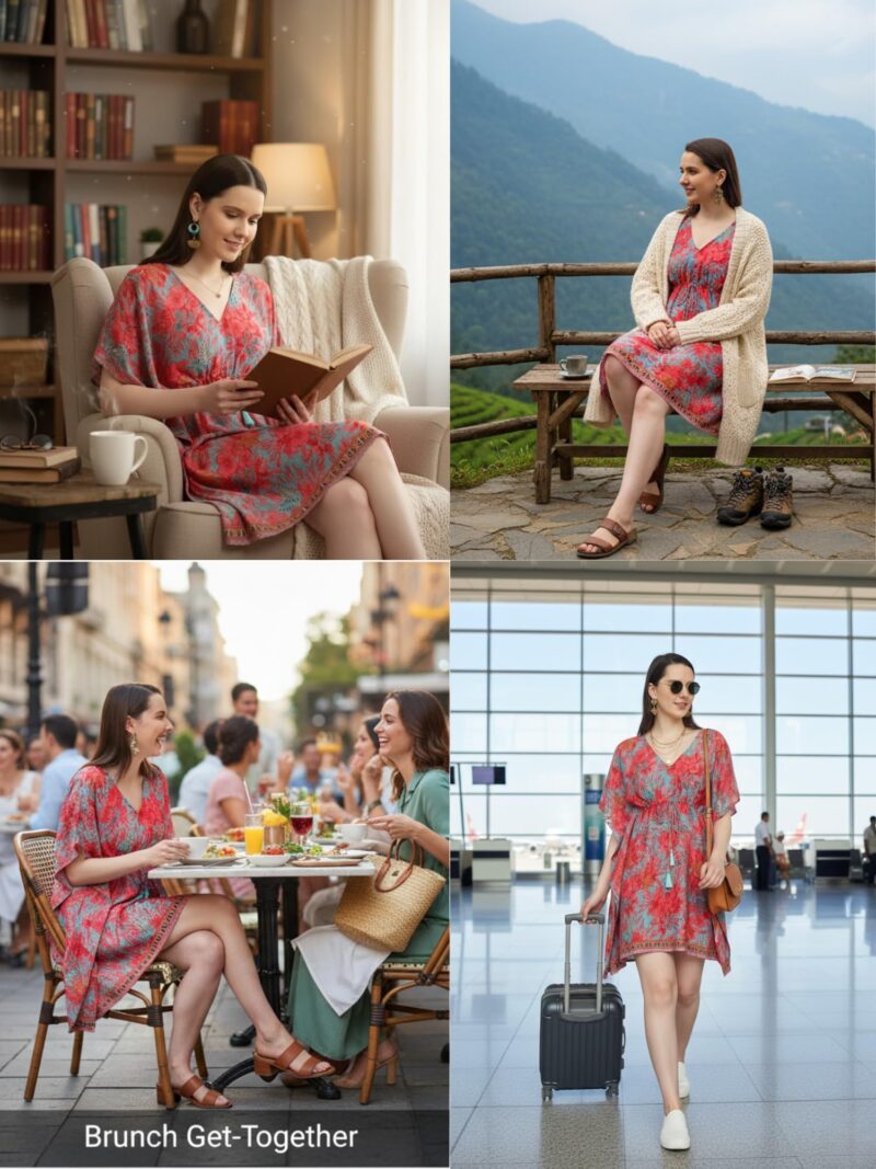 KE KANHA EXPORTS Kaftan Dress|kafthan Dress for Women|Kaftan Kurti for Women|Beach wear|Boho Beach|Border Print Drawstring Tassel|Printed|Easily fits M to XXL|Bust32-42in Length36in - Image 3