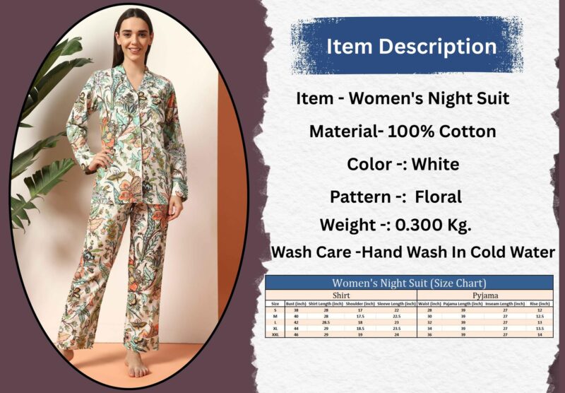 Ravaiyaa Women White Floral Printed Pure Cotton Night Suit | Printed Night Suit | Comfortable Cotton Night Dress & Sleepwear | Cozy Pyjama Set | Cotton Night Suit - Image 7