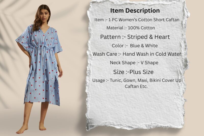 Ravaiyaa - Attitude is everything Women Blue White Striped & Heart Printed Cotton V-Neck Knee Length Kaftan Dress Nighty | Vacation Wear | Beach Wear - Image 7