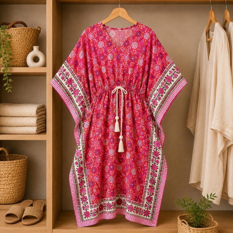 MOMISY Women's Handmade Mal Cotton Handicraft Artisan Hand Block Printed Natural Colour Maxi Kaftan Dress Gown-56 Inch Long-LB1 - Image 8