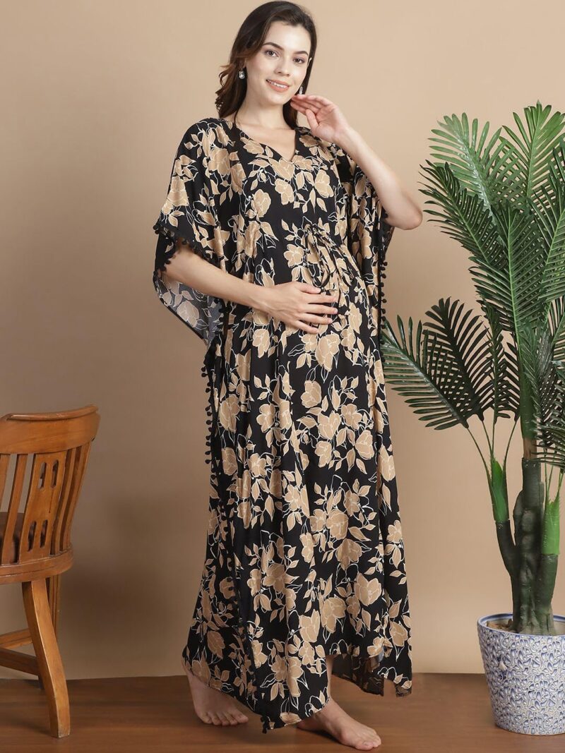 Secret Wish Women Rayon Black & Golden Floral Maternity Kaftan/Free Size/Feeding/Nursing/Zipper/Drawstring/Printed/Full Length - Image 4