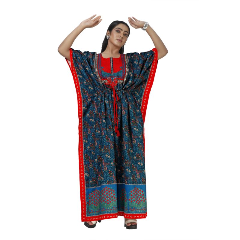 daintier Women's Rayon Cotton Long Kaftan Dress V-Neck Maxi Caftan with Drawstring Waist Casual Boho Loungewear Beach Swimsuit Cover Up Nightgown Sleepwear Resort Wear Daily House Dress(Teal Red)