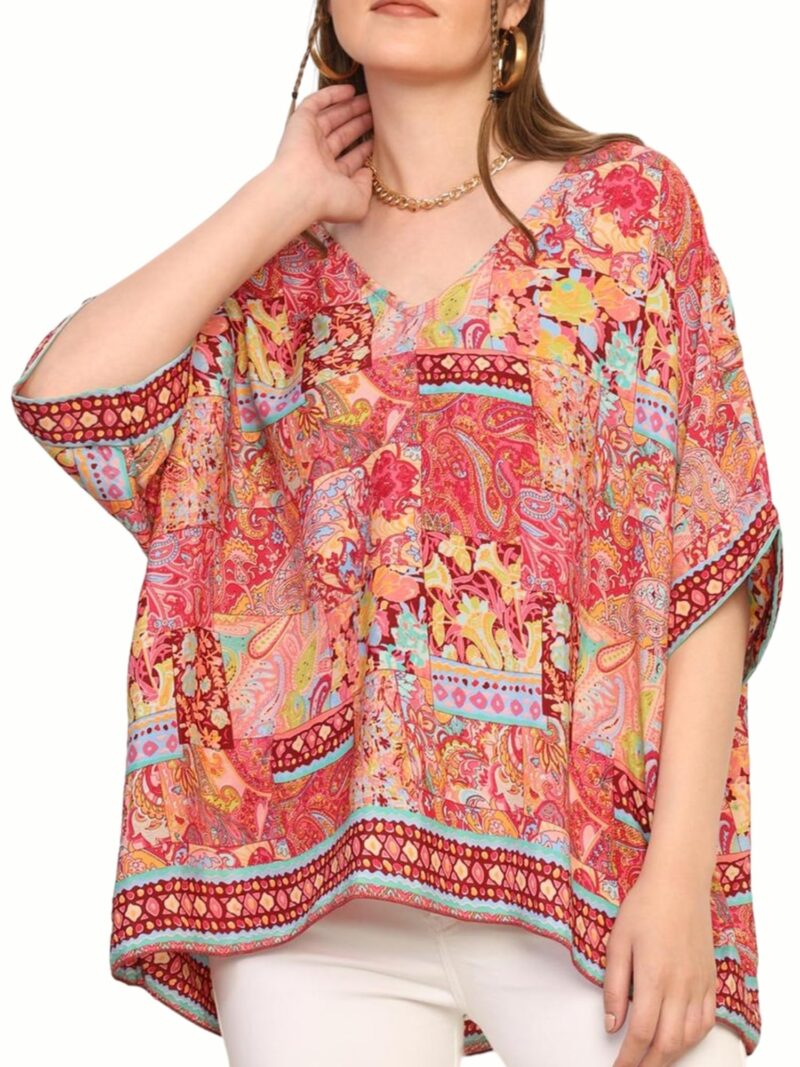 KE KANHA EXPORTS Over Size top|Tops for Woman|Boho Vibe Beach wear|Soft Silky Feel Border Print|V-Neck Half Sleeve Loose Fit|Multicolor|Easily fits M toXXL|Bust 32-40in Length 28in|Pack of 1