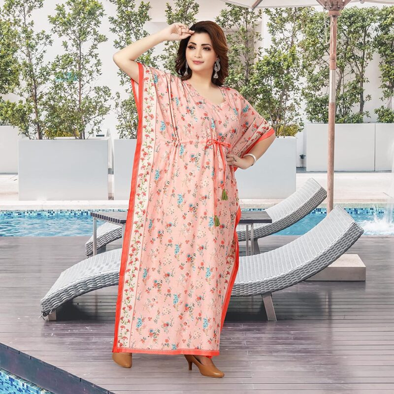 daintier Women's Long Kaftan Dress V-Neck Maxi Caftan with Drawstring Waist Casual Boho Loungewear Beach Swimsuit Cover Up Nightgown Sleepwear Resort Wear Daily House Dress for Ladies(Peach) - Image 4