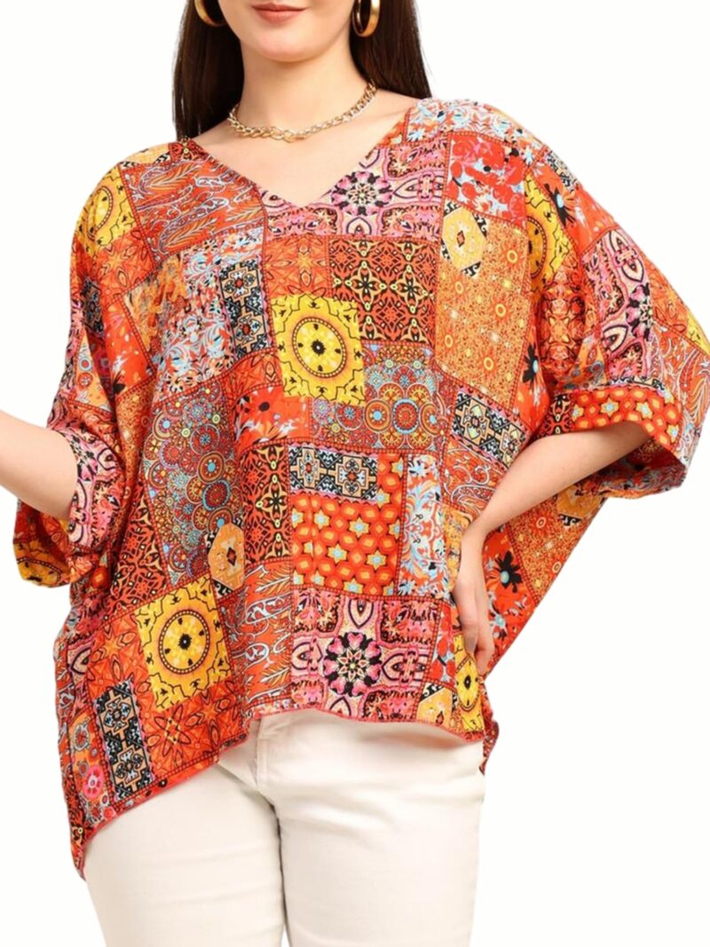 KE KANHA EXPORTS Over Size top|Tops for Woman|Boho Vibe Beach wear|Soft Silky Feel Border Print|V-Neck Half Sleeve Loose Fit|Multicolor|Easily fits M toXXL|Bust 32-40in Length 28in|Pack of 1
