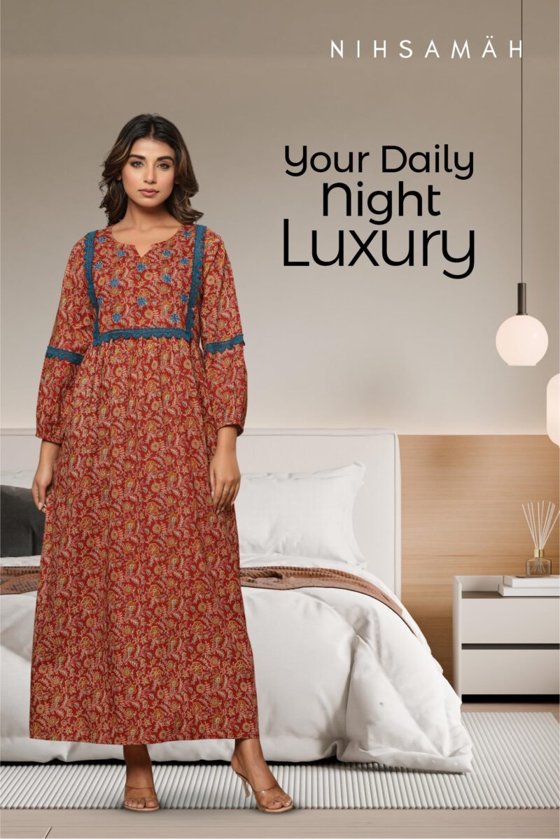 NIHSAMAH Cotton Night Gown for Women, Printed Long Cotton Nighty with Pockets, Comfortable & Fancy Sleepwear/Nightwear/Maxi (Rust, L-Bust-44) - Image 6