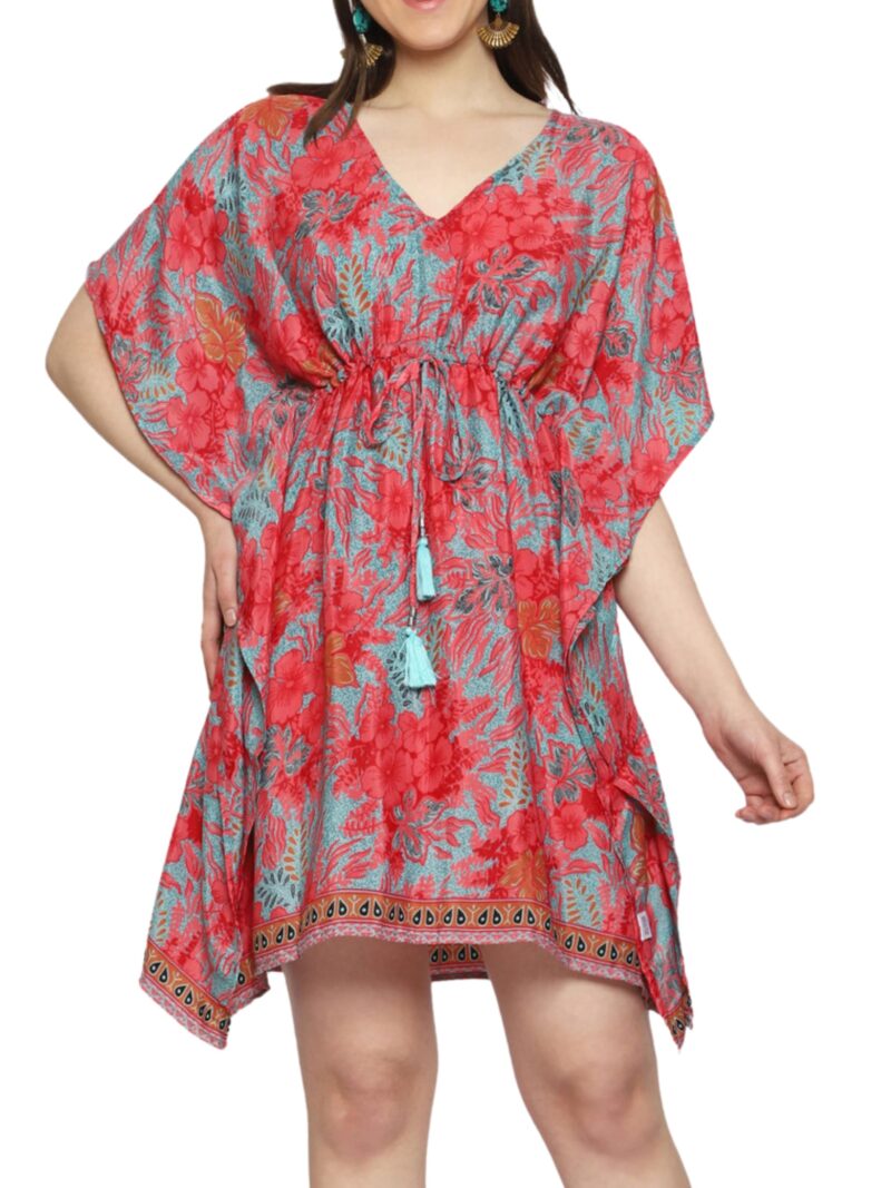 KE KANHA EXPORTS Kaftan Dress|kafthan Dress for Women|Kaftan Kurti for Women|Beach wear|Boho Beach|Border Print Drawstring Tassel|Printed|Easily fits M to XXL|Bust32-42in Length36in