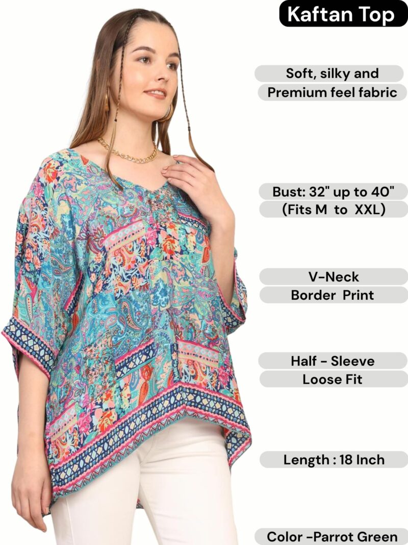 KE KANHA EXPORTS Over Size top|Tops for Woman|Boho Vibe Beach wear|Soft Silky Feel Border Print|V-Neck Half Sleeve Loose Fit|Multicolor|Easily fits M toXXL|Bust 32-40in Length 28in|Pack of 1 - Image 2