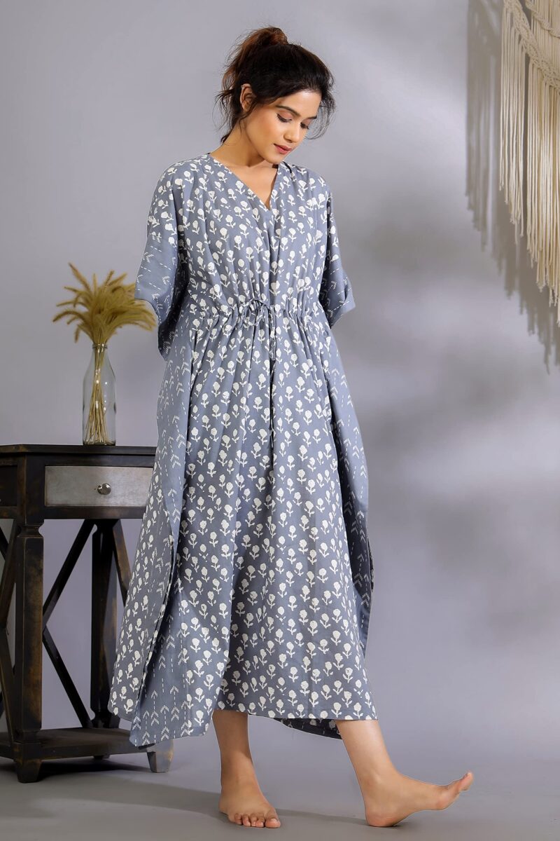 Ravaiyaa - Attitude is everything Women's Cotton Printed Maxi Kaftan Sleepwear Nightdress Gown Caftan (Grey Floral) - Image 2