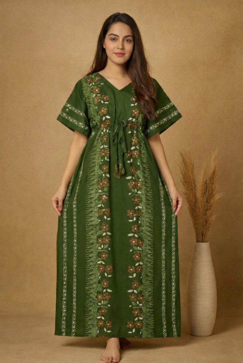 Bahumaan Pure Cotton Kaftan Nighty for Women | Kaftan Maxi for Women | Kaftan Night Gowns for Women | Cotton Nighty for Women Stylish | (Green, Free Size) - Image 3