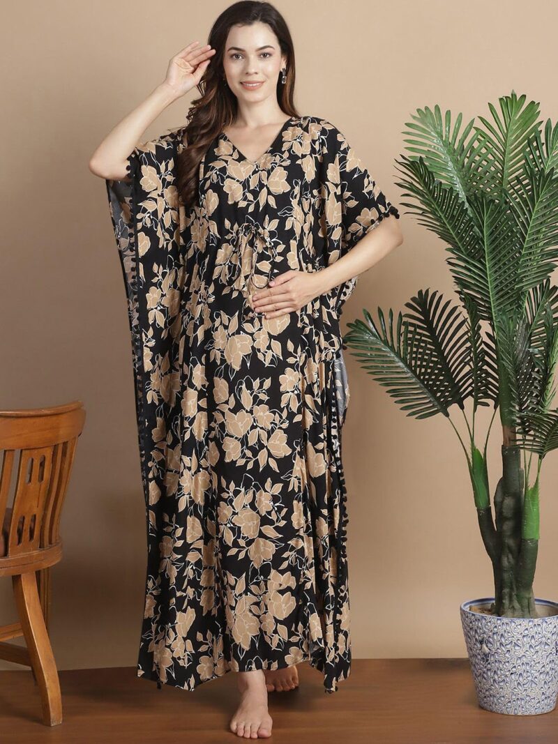 Secret Wish Women Rayon Black & Golden Floral Maternity Kaftan/Free Size/Feeding/Nursing/Zipper/Drawstring/Printed/Full Length - Image 2