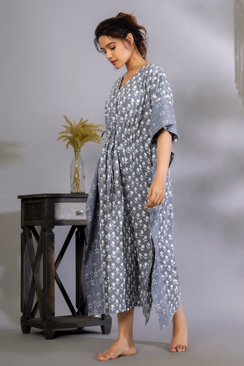 Ravaiyaa - Attitude is everything Women's Cotton Printed Maxi Kaftan Sleepwear Nightdress Gown Caftan (Grey Floral) - Image 6