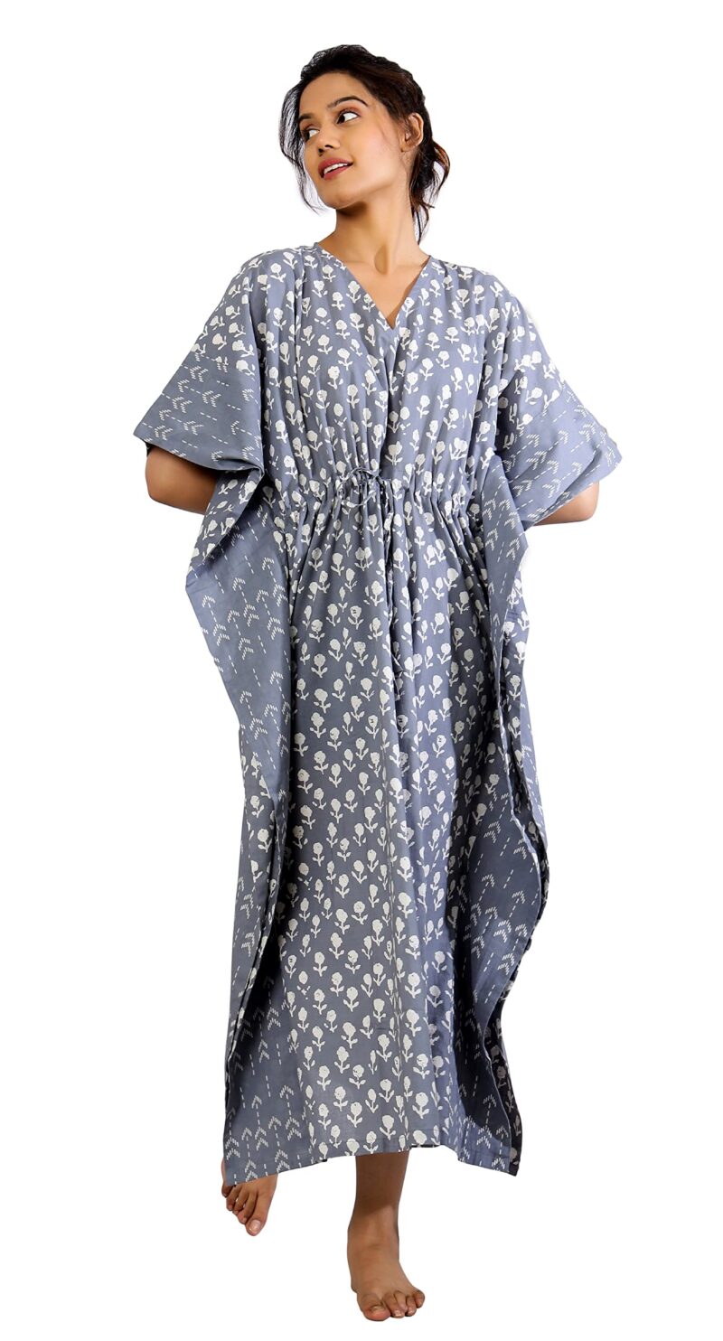Ravaiyaa - Attitude is everything Women's Cotton Printed Maxi Kaftan Sleepwear Nightdress Gown Caftan (Grey Floral)