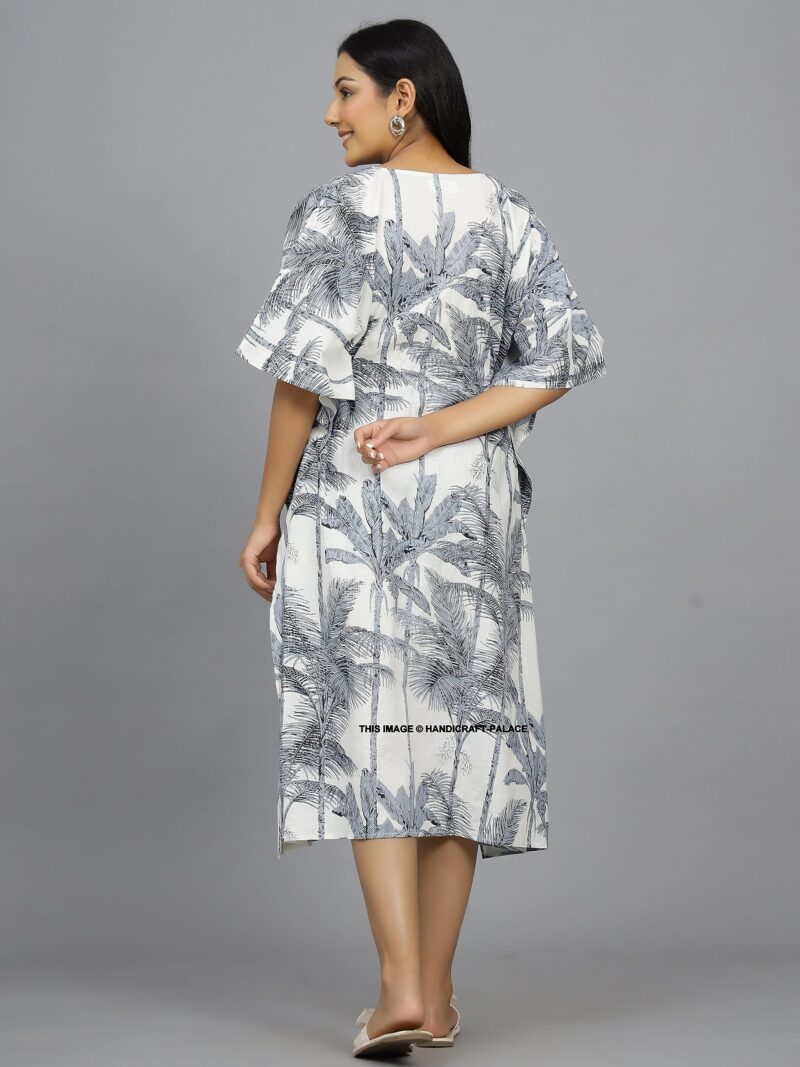 Ravaiyaa - Attitude is everything Indian Handmade Printed Cotton Short Kaftan Women Beach Wear Kimiono Gown Dress (Grey Palm Tree) - Image 4