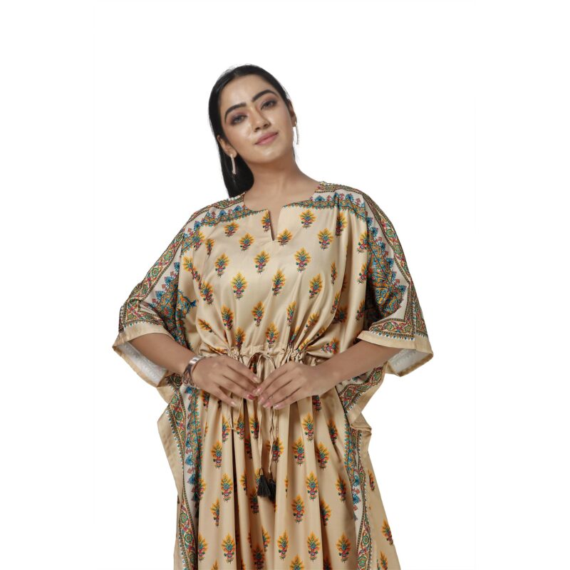 daintier Women's Rayon Cotton Long Kaftan Dress V-Neck Maxi Caftan with Drawstring Waist Casual Boho Loungewear Beach Swimsuit Cover Up Nightgown Sleepwear Resort Wear Daily House Dress(Tan) - Image 3