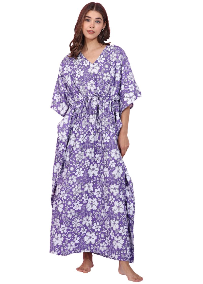 Vlazom Women’s Floral Jispuri Print Cotton Kaftan | Free Size V-Neck Drawstring Maxi Dress | Lounge, Beach & Resort Wear (Purple, Free Size)