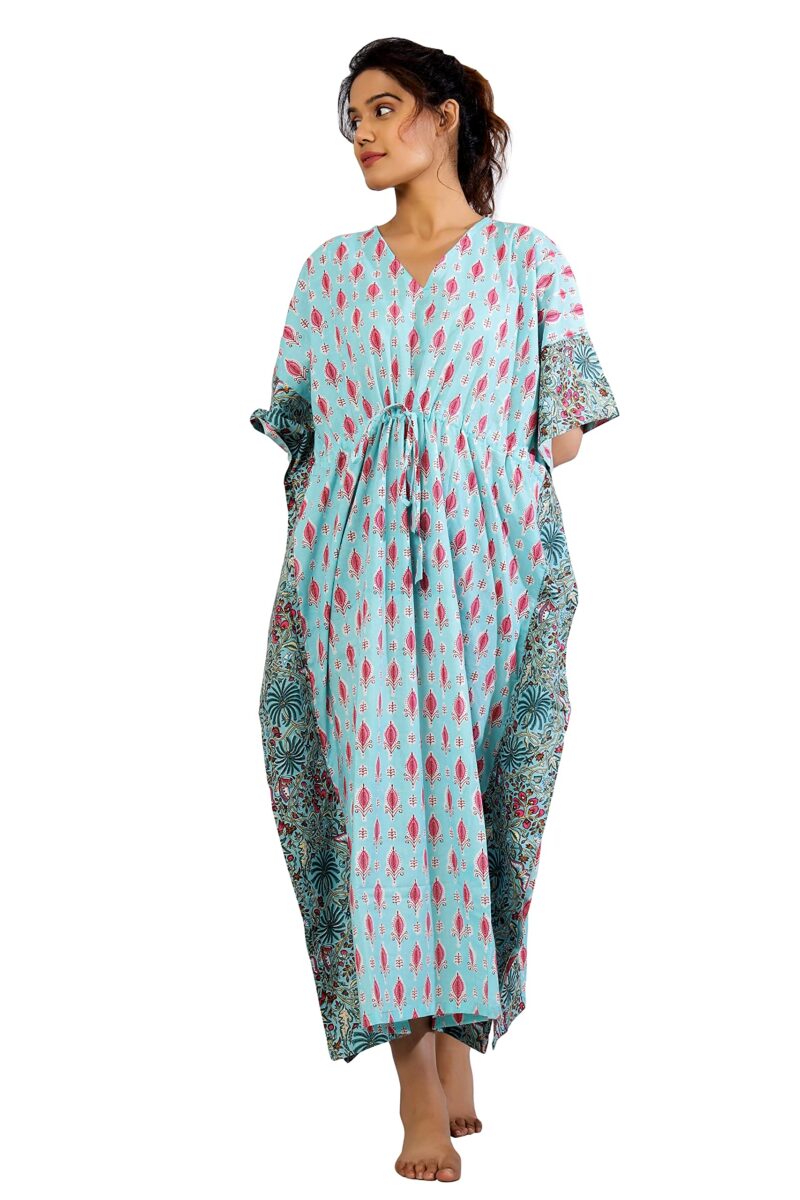 Ravaiyaa - Attitude is everything Women's Cotton Printed Maxi Kaftan Sleepwear Nightdress Gown Caftan (Turquoise Floral)