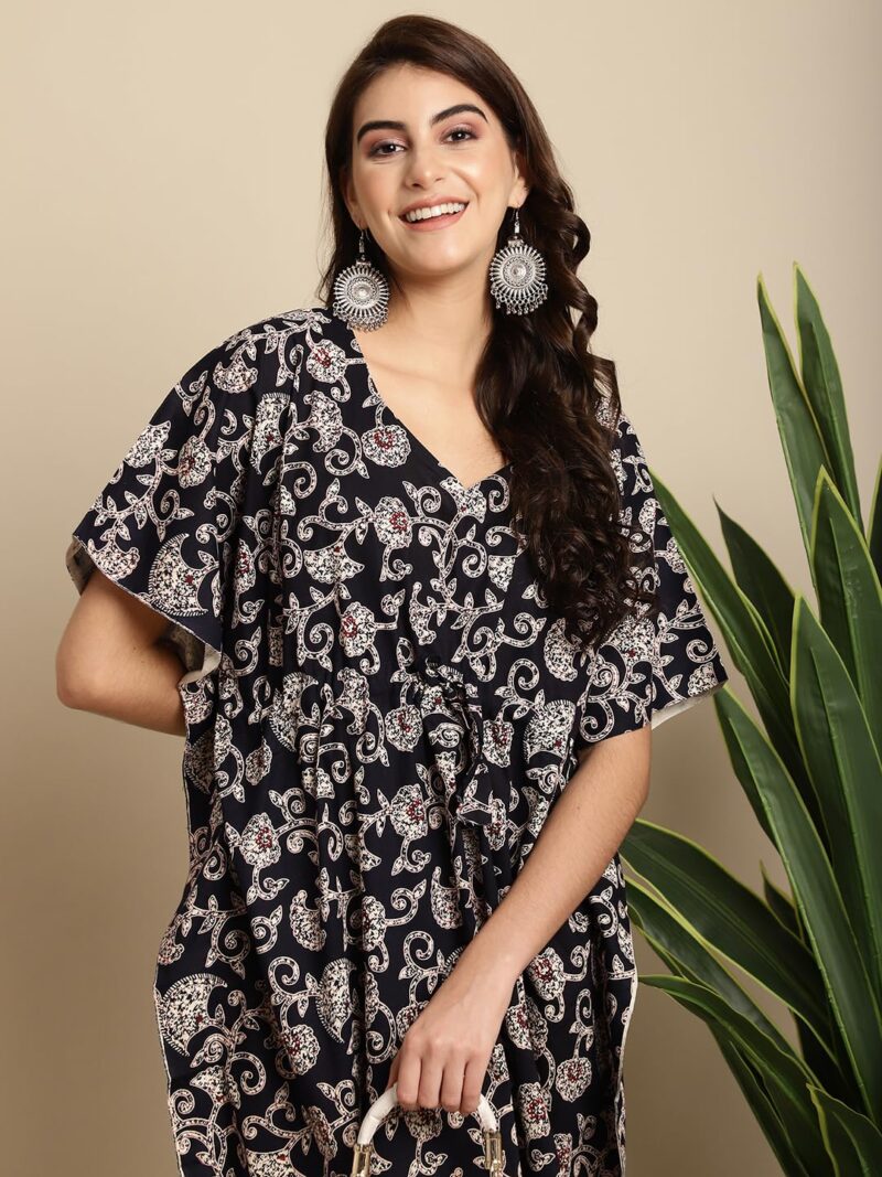 Secret Wish Women Cotton Maxi Black & White Batik Print Floral Kaftan, Free size - Image 6