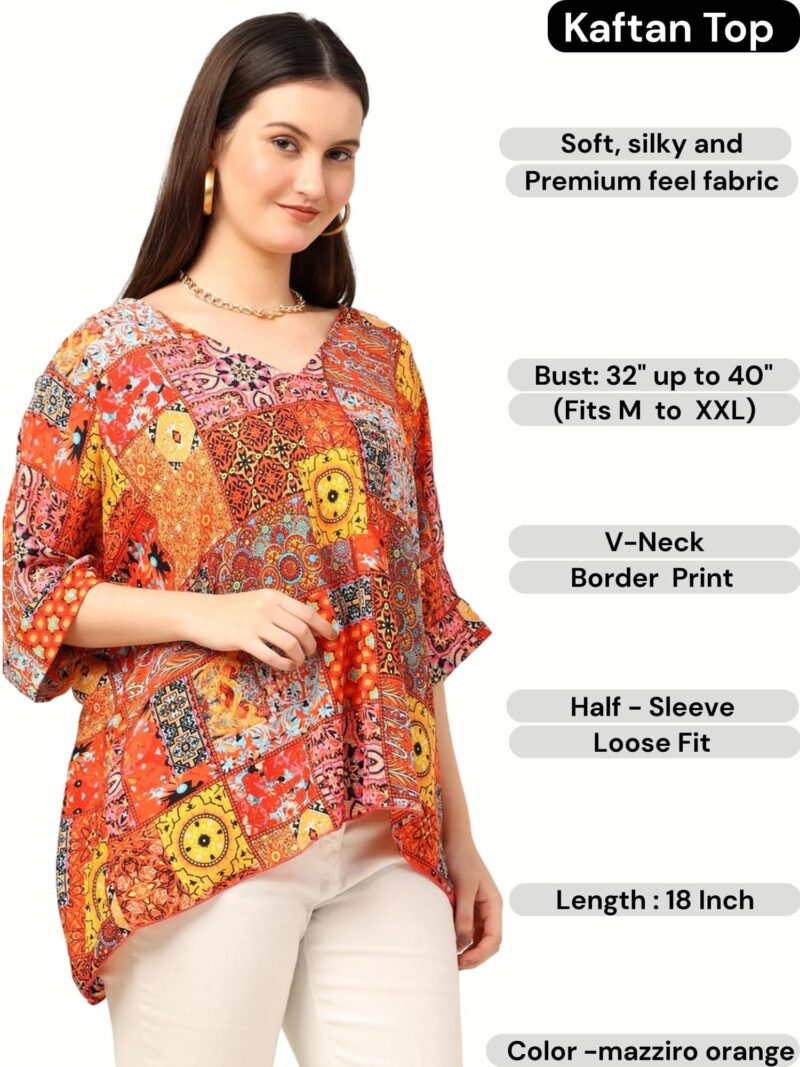 KE KANHA EXPORTS Over Size top|Tops for Woman|Boho Vibe Beach wear|Soft Silky Feel Border Print|V-Neck Half Sleeve Loose Fit|Multicolor|Easily fits M toXXL|Bust 32-40in Length 28in|Pack of 1 - Image 2