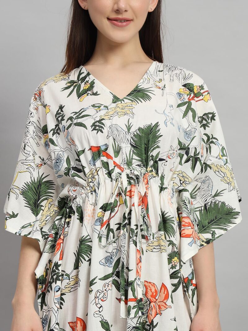 Ravaiyaa - Attitude is everything Women's 100% Cotton Printed Kimono Sleeves V-Neck with Adjustable Drawstring Long Kaftan (White Green) - Image 5