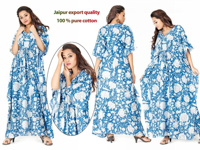 Shri Ganesh Impex Maxi Kaftan for Women, Pure Cotton Nighty, Loungewear Kaftan | Hand Block Printed Women Nighty | Free Size Blue - Image 2
